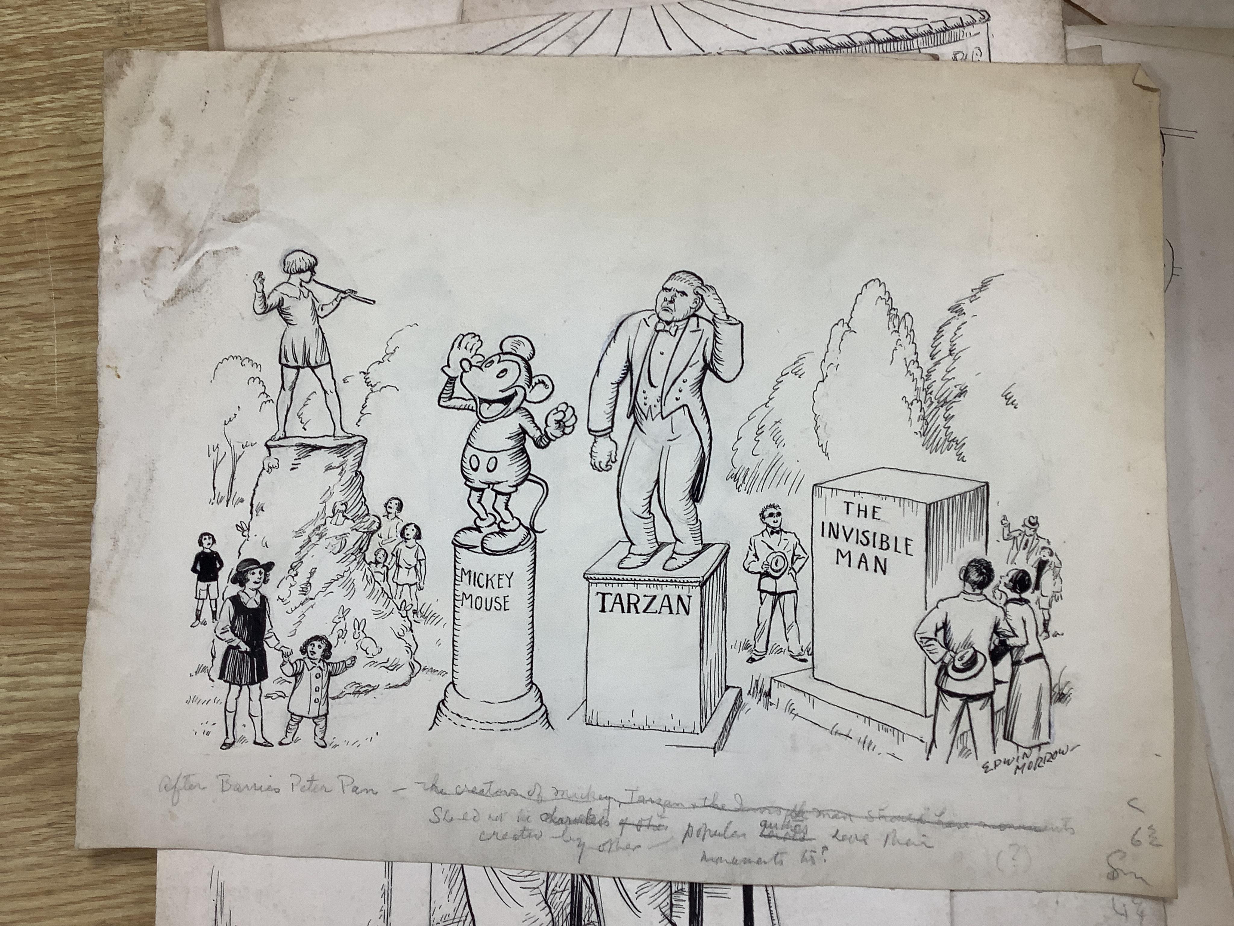A folio of cartoons, caricatures, cartoons and opera house designs, mostly by Edwin Morrow (Irish) and Norman Morrow, to include 'Caution Weir here', 'The Sublime Good Deed' and 'Bluff at the Garrick', with a collection